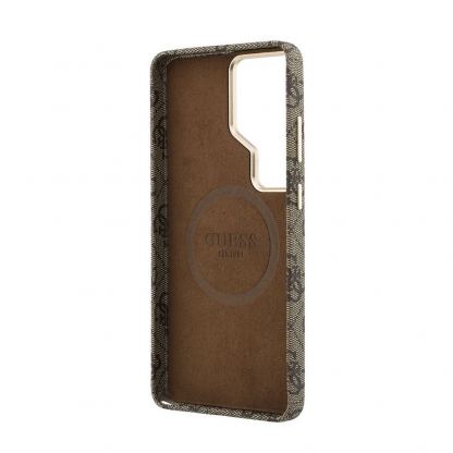 Дизайнерски кожен кейс с MagSafe за Samsung Galaxy S26 Ultra - Guess PU 4G Script Metal Logo Magnetic Case (кафяв) 6