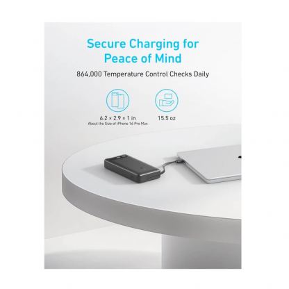 Външна батерия с вграден USB-C кабел, USB-C и USB-A портове и технология за бързо зареждане - Anker Power Bank With USB-C Cable 87W 20000 mAh (черен) 6