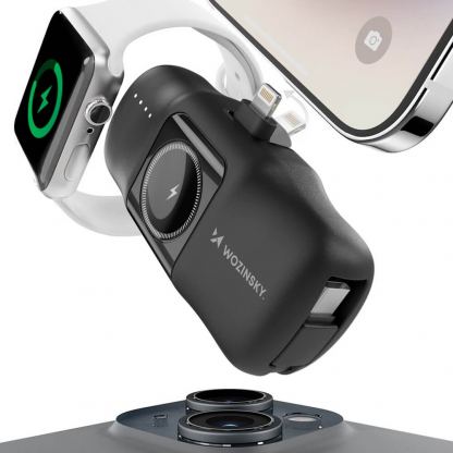  Преносима външна батерия с вграден Lightning конектор, USB-C кабел, USB-C порт и зареждане на Apple Watch - Wozinsky 3-in-1 Lightning Power Bank With Apple Watch Charger 5000mAh 15W (черен) 5