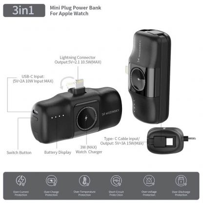  Преносима външна батерия с вграден Lightning конектор, USB-C кабел, USB-C порт и зареждане на Apple Watch - Wozinsky 3-in-1 Lightning Power Bank With Apple Watch Charger 5000mAh 15W (черен) 12