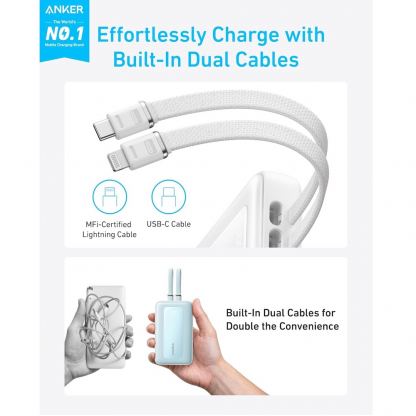 Външна батерия с вградени USB-C и Lightning кабели и USB-C, USB-A портове и технология за бързо зареждане - Anker Zolo Power Bank 30W 10000 mAh (син) 2