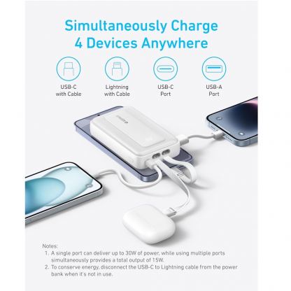 Външна батерия с вградени USB-C и Lightning кабели и USB-C, USB-A портове и технология за бързо зареждане - Anker Zolo Power Bank 30W 10000 mAh (син) 3