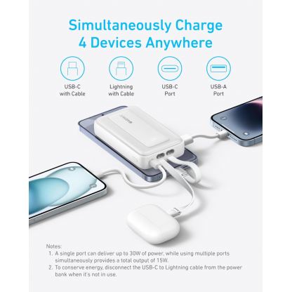 Външна батерия с вградени USB-C и Lightning кабели и USB-C, USB-A портове и технология за бързо зареждане - Anker Zolo Power Bank 30W 10000 mAh (син) 4