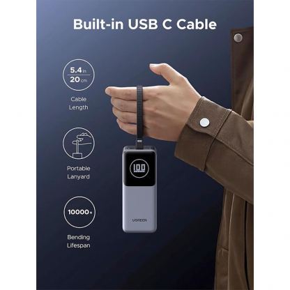 Външна батерия с USB-A и USB-C портове и вграден USB-C кабел - Ugreen PB723 Power Bank With Integrated USB-C Cable  20000 mAh 130W (тъмносив) 4