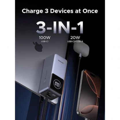 Външна батерия с USB-A и USB-C портове и вграден USB-C кабел - Ugreen PB723 Power Bank With Integrated USB-C Cable  20000 mAh 130W (тъмносив) 8