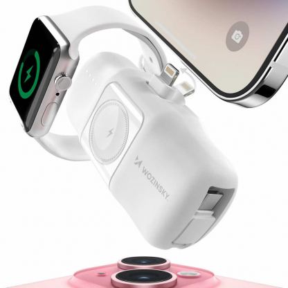  Преносима външна батерия с вграден Lightning конектор, USB-C кабел, USB-C порт и зареждане на Apple Watch - Wozinsky 3-in-1 Lightning Power Bank With Apple Watch Charger 5000mAh 15W (бял) 6