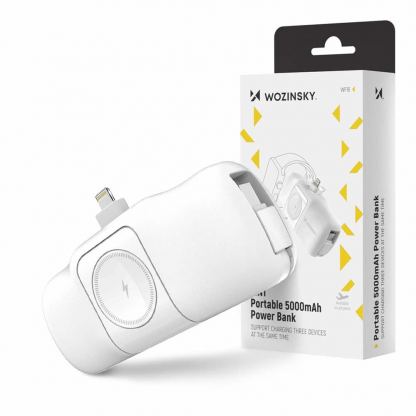  Преносима външна батерия с вграден Lightning конектор, USB-C кабел, USB-C порт и зареждане на Apple Watch - Wozinsky 3-in-1 Lightning Power Bank With Apple Watch Charger 5000mAh 15W (бял) 13