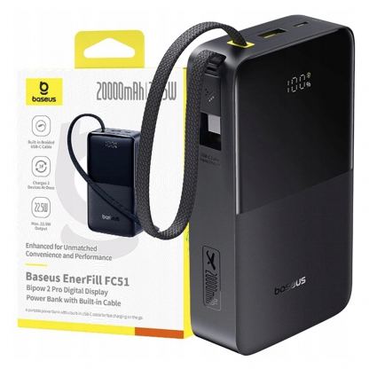 Външна батерия 10000 mAh с вграден USB-C кабел и 1xUSB-C, 1xUSB-A портове - Baseus EnerFill FC51 Bipow 2 Pro Digital Display Power Bank With USB-C Cable 22.5W 20000mAh (черен) 6