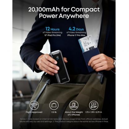 Преносима външна батерия с 2xUSB-C и 1xUSB-A изходи и технология за бързо зареждане - Anker Prime Power Bank 20100 mAh, 220W (тъмносив) 3