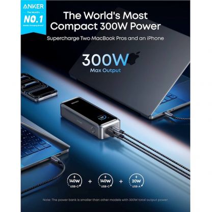 Преносима външна батерия с 2xUSB-C и 1xUSB-A изходи и технология за бързо зареждане - Anker Prime Power Bank 26250 mAh, 300W (тъмносив) 2