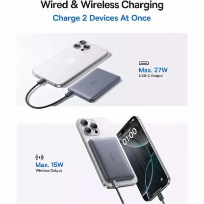 Ултратънка преносима външна батерия с USB-C изход и безжично зареждане с MagSafe - Baseus PicoGo AM41 Ultra Slim Qi2 Magnetic Wireless Charging Power Bank 10000 mAh 27W (сив) 6