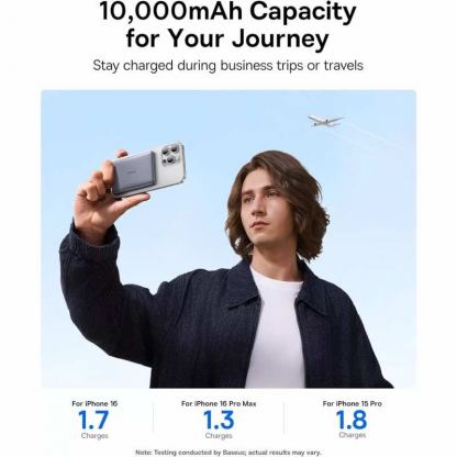 Ултратънка преносима външна батерия с USB-C изход и безжично зареждане с MagSafe - Baseus PicoGo AM41 Ultra Slim Qi2 Magnetic Wireless Charging Power Bank 10000 mAh 27W (сив) 11