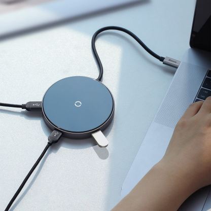 Baseus USB-C Circular Mirror Wireless Charger Hub - мултифункционален хъб за свързване на допълнителна периферия за устройства с USB-C и пад за безжично зареждане (тъмносив) 8