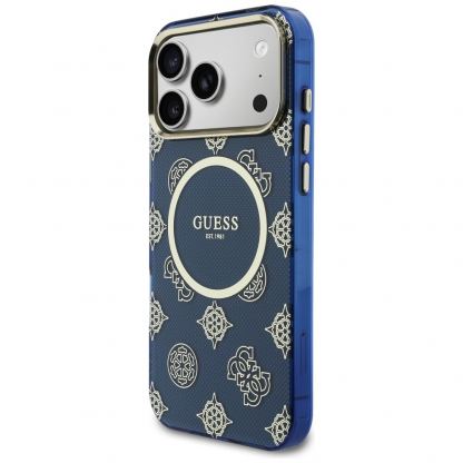 Дизайнерски кейс с висока защита и MagSafe за iPhone 17 Pro Max - Guess PU IML 4G Peony Dot MagSafe Hard Case (син) 2