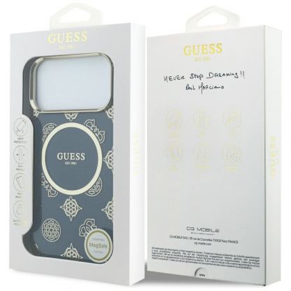 Дизайнерски кейс с висока защита и MagSafe за iPhone 17 Pro Max - Guess PU IML 4G Peony Dot MagSafe Hard Case (син) 8