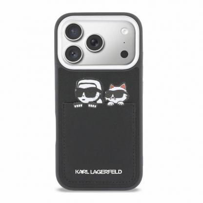 Дизайнерски кожен кейс с отделение за карти за iPhone 17 Pro - Karl Lagerfeld PU Karl and Choupette Print And Card Slot Case (черен) 3