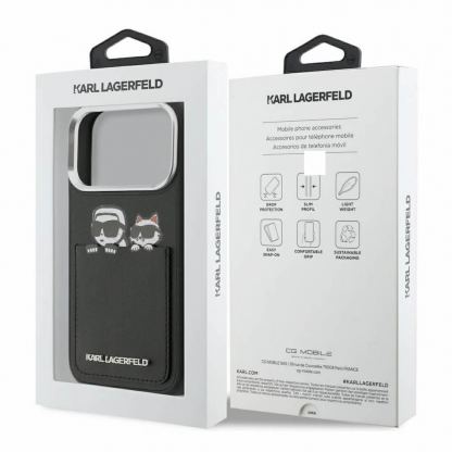 Дизайнерски кожен кейс с отделение за карти за iPhone 17 Pro - Karl Lagerfeld PU Karl and Choupette Print And Card Slot Case (черен) 8
