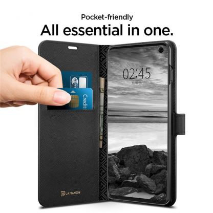 Spigen La Manon Wallet Saffiano - кожен калъф, тип портфейл и поставка за Samsung Galaxy S10 (прозрачен)  2