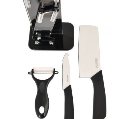 Комплект 2 керамични ножа (нож + сатър), белачка и стойка