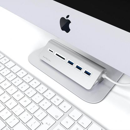 Satechi Aluminum USB-C 3.0 Hub & Card Reader - алуминиев 3-портов USB 3.0 хъб с четец за карти за компютри и лаптопи (сребрист) 5