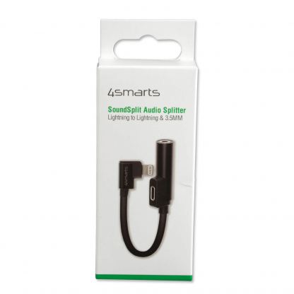 4smarts SoundSplit Angled Lightning to Lightning & 3.5mm Audio Splitter - Lightning адаптер към 3.5 аудио изход и Lightning изход (12см) (черен) 3