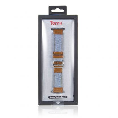 Torrii Leather Band - кожена каишка за Apple Watch 42мм, 44мм (светлосиня дънкова материя с кафява кожа) 2