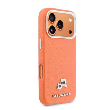 Дизайнерски кожен кейс с MagSafe за iPhone 17 Pro - Karl Lagerfeld PU Saffiano Karl and Choupette Heads Pins MagSafe Case (оранжев) 4