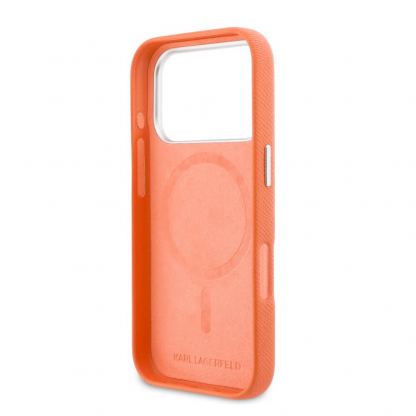 Дизайнерски кожен кейс с MagSafe за iPhone 17 Pro - Karl Lagerfeld PU Saffiano Karl and Choupette Heads Pins MagSafe Case (оранжев) 6