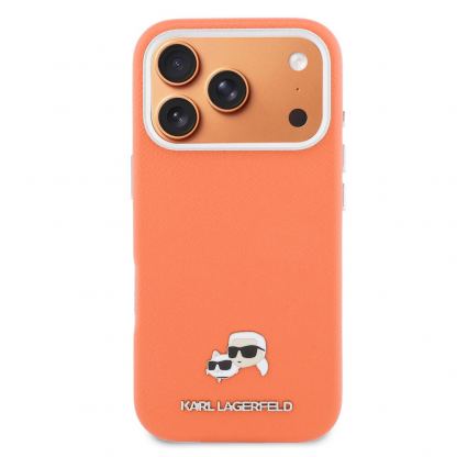 Дизайнерски кожен кейс с MagSafe за iPhone 17 Pro Max - Karl Lagerfeld PU Saffiano Karl and Choupette Heads Pins MagSafe Case (оранжев) 3