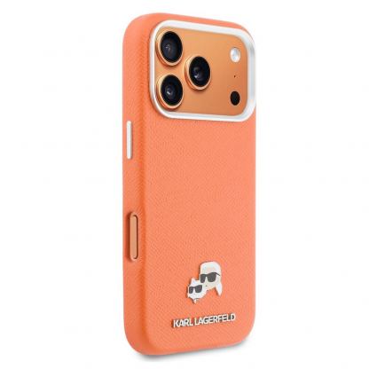 Дизайнерски кожен кейс с MagSafe за iPhone 17 Pro Max - Karl Lagerfeld PU Saffiano Karl and Choupette Heads Pins MagSafe Case (оранжев) 4