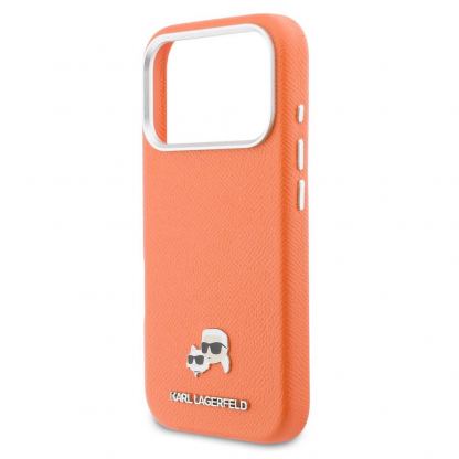 Дизайнерски кожен кейс с MagSafe за iPhone 17 Pro Max - Karl Lagerfeld PU Saffiano Karl and Choupette Heads Pins MagSafe Case (оранжев) 5