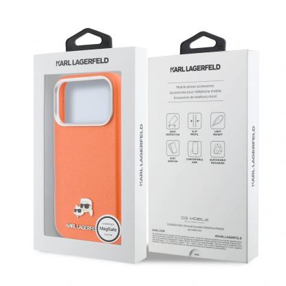 Дизайнерски кожен кейс с MagSafe за iPhone 17 Pro Max - Karl Lagerfeld PU Saffiano Karl and Choupette Heads Pins MagSafe Case (оранжев) 7