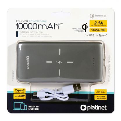 Platinet Power Bank 10000 mAh QI Wireless Charging - външна батерия с безжично зареждане, USB изходa и USB-C порт за таблети и смартфони (сив) 6
