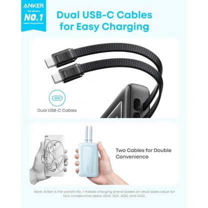 Външна батерия с вградени USB-C кабели и USB-C, USB-A портове и технология за бързо зареждане - Anker Zolo Power Bank 45W 20000 mAh (черен) 3