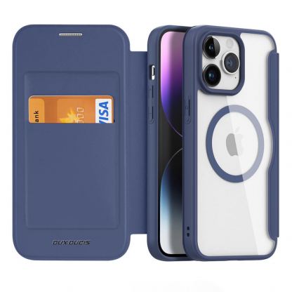 Удароустойчив хибриден кожен кейс с отделение за карти и MagSafe за iPhone 15 Pro Max - Dux Ducis Skin X Pro Magnetic Wallet Case (син-прозрачен) 2