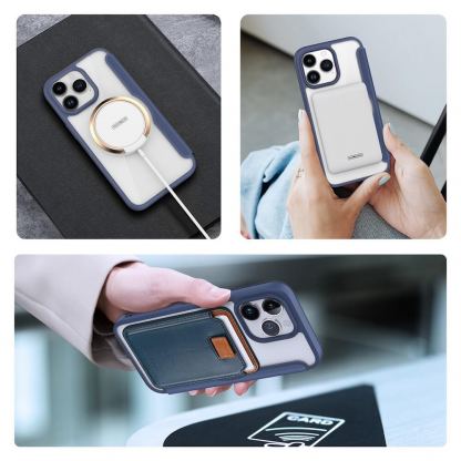 Удароустойчив хибриден кожен кейс с отделение за карти и MagSafe за iPhone 15 Pro Max - Dux Ducis Skin X Pro Magnetic Wallet Case (син-прозрачен) 5