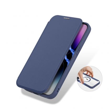 Удароустойчив хибриден кожен кейс с отделение за карти и MagSafe за iPhone 15 Pro Max - Dux Ducis Skin X Pro Magnetic Wallet Case (син-прозрачен) 7