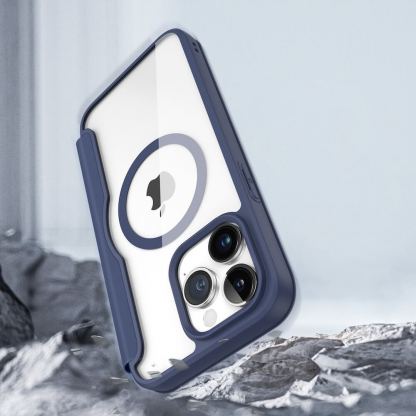 Удароустойчив хибриден кожен кейс с отделение за карти и MagSafe за iPhone 15 Pro Max - Dux Ducis Skin X Pro Magnetic Wallet Case (син-прозрачен) 10