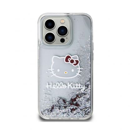 Дизайнерски кейс с висока защита за iPhone 15 Pro - Hello Kitty Liquid Glitter Electroplating Head Logo Case (прозрачен-сребрист) 3