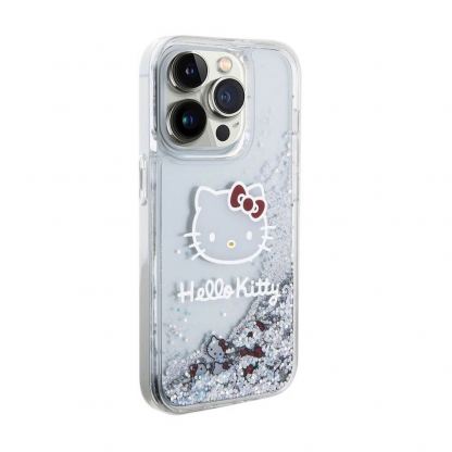 Дизайнерски кейс с висока защита за iPhone 15 Pro - Hello Kitty Liquid Glitter Electroplating Head Logo Case (прозрачен-сребрист) 4