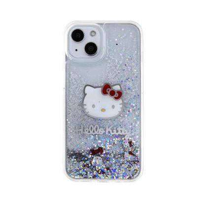 Дизайнерски кейс с висока защита за iPhone 15 - Hello Kitty Liquid Glitter Electroplating Head Logo Case (прозрачен-сребрист) 3