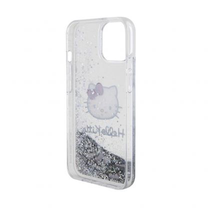 Дизайнерски кейс с висока защита за iPhone 15 - Hello Kitty Liquid Glitter Electroplating Head Logo Case (прозрачен-сребрист) 5