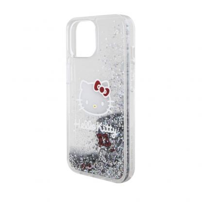 Дизайнерски кейс с висока защита за iPhone 15 - Hello Kitty Liquid Glitter Electroplating Head Logo Case (прозрачен-сребрист) 6