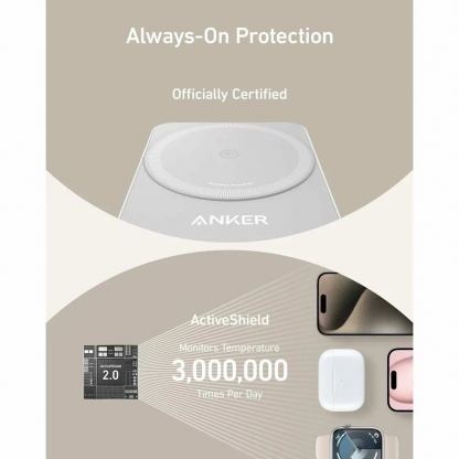 Преносима тройна поставка (пад) за безжично зареждане за iPhone с MagSafe, Apple Watch, AirPods и Qi съвместими мобилни устройства - Anker MagGo 3-in-1 MagSafe Qi2 Pocket Charger (бял) 5