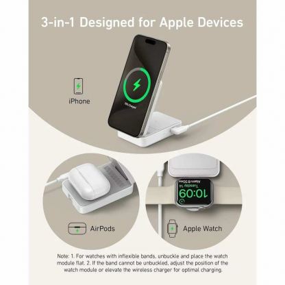Преносима тройна поставка (пад) за безжично зареждане за iPhone с MagSafe, Apple Watch, AirPods и Qi съвместими мобилни устройства - Anker MagGo 3-in-1 MagSafe Qi2 Pocket Charger (бял) 7