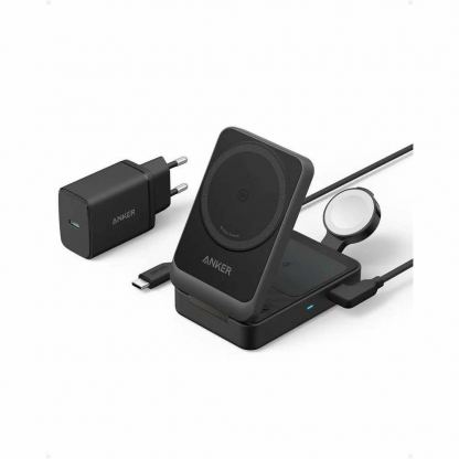 Преносима тройна поставка (пад) за безжично зареждане за iPhone с MagSafe, Apple Watch, AirPods и Qi съвместими мобилни устройства - Anker MagGo 3-in-1 MagSafe Qi2 Pocket Charger (черен) 2