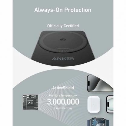 Преносима тройна поставка (пад) за безжично зареждане за iPhone с MagSafe, Apple Watch, AirPods и Qi съвместими мобилни устройства - Anker MagGo 3-in-1 MagSafe Qi2 Pocket Charger (черен) 3