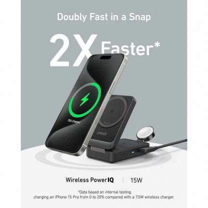 Преносима тройна поставка (пад) за безжично зареждане за iPhone с MagSafe, Apple Watch, AirPods и Qi съвместими мобилни устройства - Anker MagGo 3-in-1 MagSafe Qi2 Pocket Charger (черен) 6