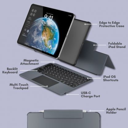 Полиуретанов калъф, клавиатура, тракпад и поставка за iPad Air 11 (2024), iPad Air 5 (2022), iPad Air 4 (2020), iPad Pro 11 M2 (2022), iPad Pro 11 M1 (2021), iPad Pro 11 (2020) - Macally Wireless Touchpad Keyboard Case US (черен) 6