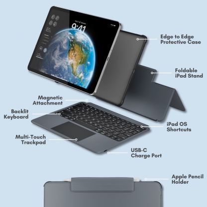 Полиуретанов калъф, клавиатура, тракпад и поставка за iPad Pro 11 (2025), iPad Pro 11 (2024) - Macally Wireless Touchpad Keyboard Case US (черен) 7
